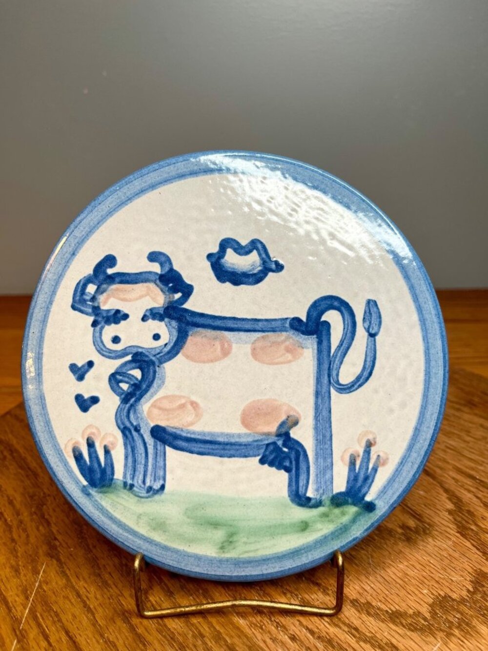 M A Hadley  Pottery Country Scene Blue  Cow Trivet/ Wall Hanging